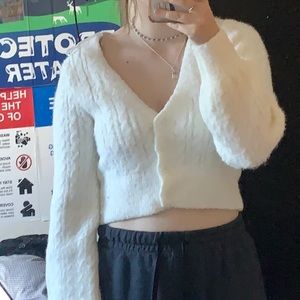Garage button up long sleeve fuzzy crop top